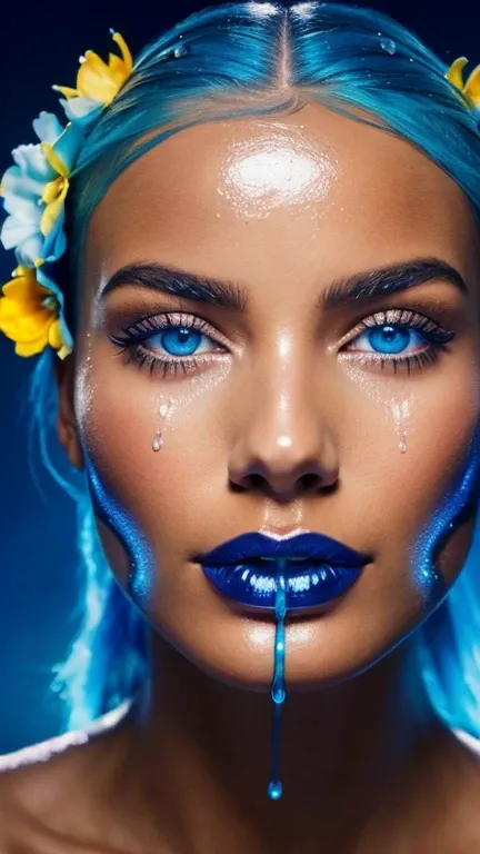 a close up of a woman with blue hair and a flower in her hair, makeup. unreal engine, wet shiny skin, slightly tanned, close up of a blonde woman, captivating glowing lights, bronze face, inspired by Petros Afshar, portrait of nordic girl, tears running do...