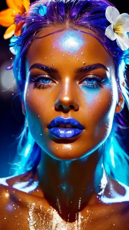 a close up of a woman with blue hair and a flower in her hair, makeup. unreal engine, wet shiny skin, slightly tanned, close up of a blonde woman, captivating glowing lights, bronze face, inspired by Petros Afshar, portrait of nordic girl, tears running do...