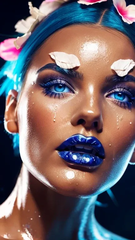 a close up of a woman with blue hair and a flower in her hair, makeup. unreal engine, wet shiny skin, slightly tanned, close up of a blonde woman, captivating glowing lights, bronze face, inspired by Petros Afshar, portrait of nordic girl, tears running do...