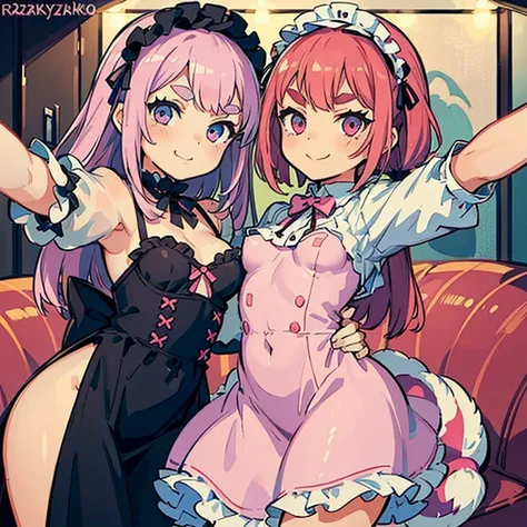 Girls with pink hair, long double-tailed hairstyle, ((small pink bushy eyebrows)), wearing lolita clothing, , marked vagina, lolicon (Zankuro) drawing style by zankuro artist, Zancro style, image uploaded to R34, flirty smile, take a selfie from below, clo...