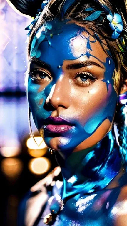 a close up of a woman with blue hair and a flower in her hair, makeup. unreal engine, wet shiny skin, slightly tanned, close up of a blonde woman, captivating glowing lights, bronze face, inspired by Petros Afshar, portrait of nordic girl, tears running do...