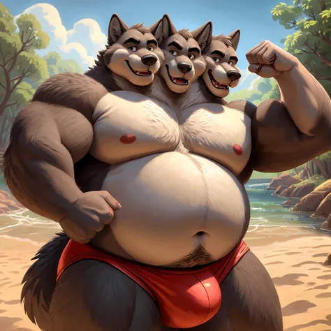 solo, (wolf, wolf tail), three heads on one body, (identical faces), (adult male, 50 year old male, (stylized 3d, by disney, by rembrandt), by pixar, by dramamine, (tall:1.3, burly, manly, beefy, obese, fat, double chin, gray fur, white belly fur, white ch...