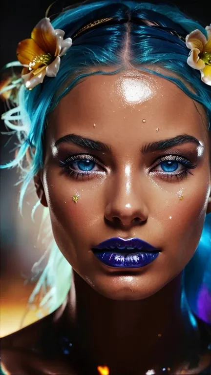 a close up of a woman with blue hair and a flower in her hair, makeup. unreal engine, wet shiny skin, slightly tanned, close up of a blonde woman, captivating glowing lights, bronze face, inspired by Petros Afshar, portrait of nordic girl, tears running do...