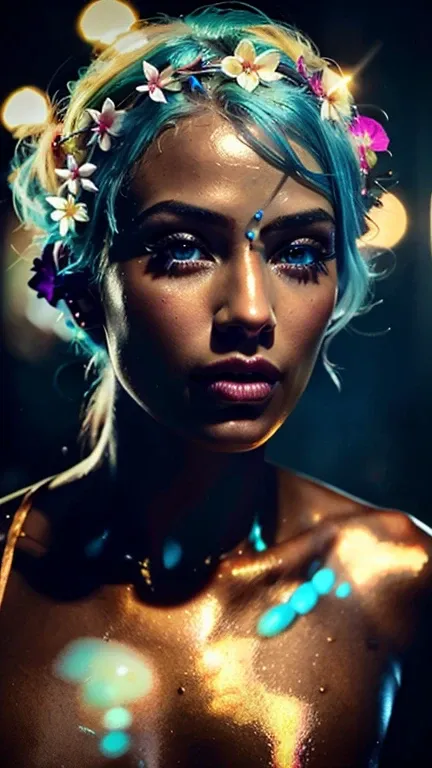 a close up of a woman with blue hair and a flower in her hair, makeup. unreal engine, wet shiny skin, slightly tanned, close up of a blonde woman, captivating glowing lights, bronze face, inspired by Petros Afshar, portrait of nordic girl, tears running do...