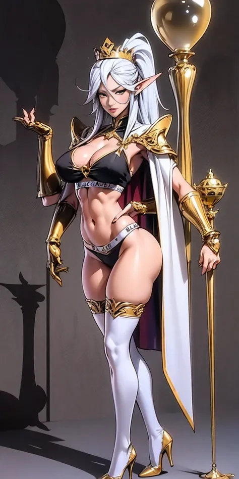 extremely long hair , ponytail, perfect anatomy 1 girl tall solo, slim thick, ((muscular)) high elf toned body, silver breast plate, blue cape, slendered abs, hourglass waist, detailed face, defined cheekbones, puffy lips, gauntlets, gold crown, shadow ove...