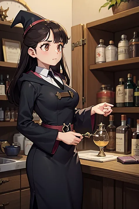 A black haired female witch with brown eyes with an hourglass figure in a conservative victorian dress is making a potion