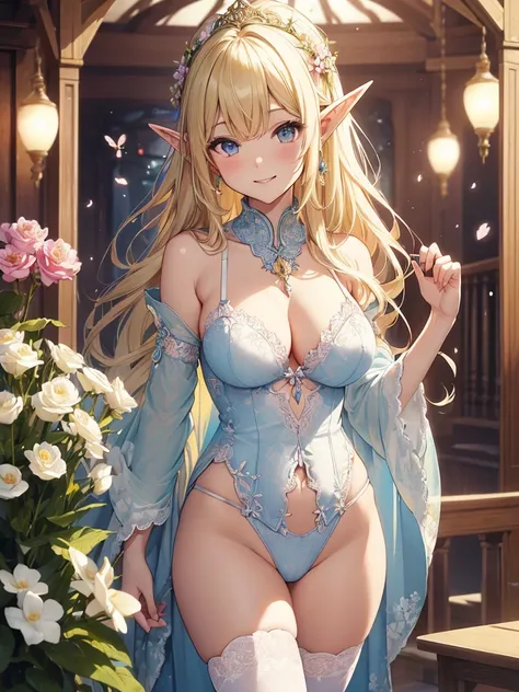 highest quality、Highest image quality、masterpiece、beautiful face、、Titania、Super beautiful elf beauty((22 years old OL big bust、bust 90,beautiful long ironed hair、blonde、Height: 165cm。slender、sexy、Esbian、beautiful underwear、panties、bra、bed、night、High qualit...