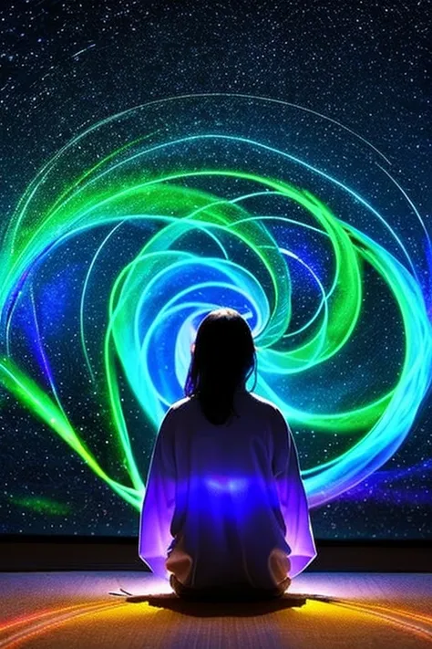 ### Japanese prompt and aura of people「Qi」A thumbnail depicting the harmony of the flow of。In the center is a figure of a person sitting quietly in meditation.、There is a colorful aura shining around it.。Released from this person「Qi」The energy of、Flowing i...