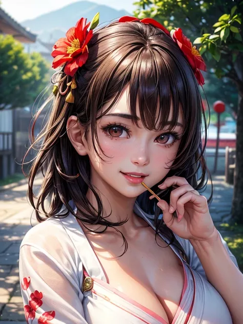 1 girl, 18 years old), wearing white yukata, with red flower designs, (holding a toothpick), (stick has a girl of love), (Mação do amor is missing a piece), (background, Japanese party street), (party tents), looking at the viewer, (((happy expression))), ...