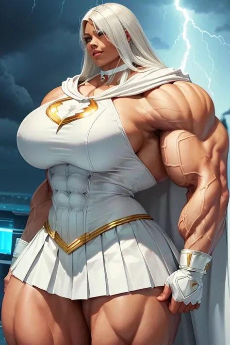 ((((Massive, tall, beautiful, buff, brown skinned muscular woman with white hair, ginormous bulky muscles and wearing a all white Shazamsuit with pleated skirt and a hooded cape)))), close view, (((massive muscle))), massive biceps, hyper muscle shoulders,...