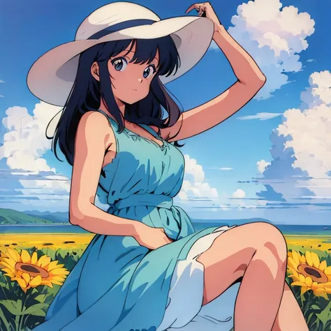 (masterpiece), (highest quality), (1 girl), alone, sexy, perfect body, dress, sun hat, blue sky, cloud, big breasts, anime, 1980s style