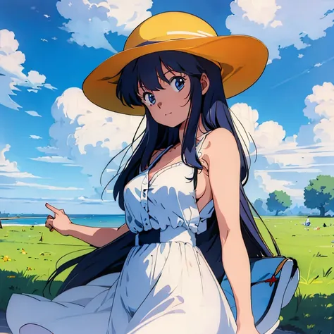 (masterpiece), (highest quality), (1 girl), alone, sexy, perfect body, dress, sun hat, blue sky, cloud, big breasts, anime, 1980s style