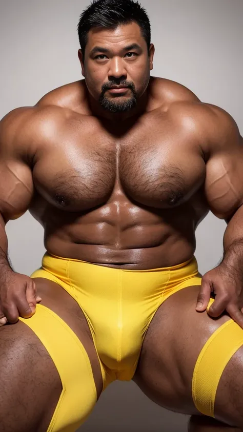 black hair, middle-aged man, individual, male, Muscular wrestler, muscular, Stout wrestler, Asian, Japanese, uncle, 55 year old middle-aged man, short hair, short hair, yellow wrestling boots, full body portrait, shadow, Vision, yellow briefs, obesity, 45 ...