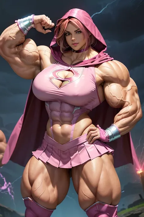 ((((Massive, tall, beautiful, buff, brown skinned muscular woman with shocking pink hair, ginormous bulky muscles and wearing a shocking pink Shazamsuit with pleated skirt and a hooded cape)))), close view, (((massive muscle))), massive biceps, hyper muscl...