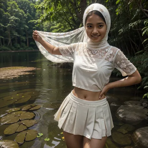 A 18 years old Indonesian woman in floral pattern white hijab, wearing peach color lace tight t-shirt, wearing very short see-through white pleated skirt, skirtlift, villager, poor woman, darker skin, curvier body, short body, smiling and standing by a lak...