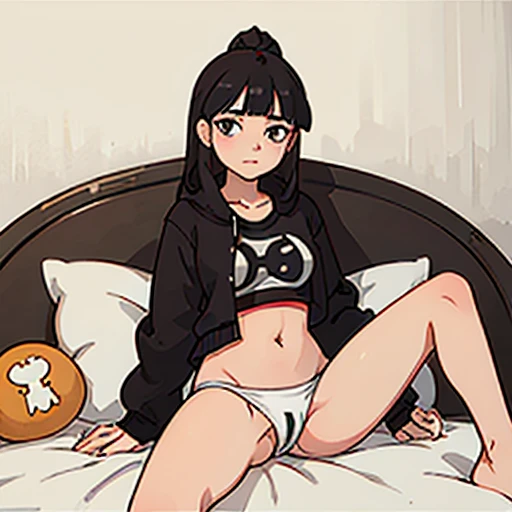 Girl with black hair on a bed looking at the camera showing her pussy ,genitais, sem calcinha , cara de safada, corada, Opening your legs to the camera 