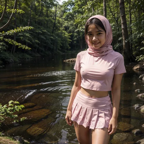 A 18 years old Indonesian woman in pink hijab, wearing pink lace tight t-shirt, wearing very short see-through white pleated skirt, skirtlift, villager, poor woman, darker skin, curvier body, short body, smiling and standing by a lake in a dark forest, loo...