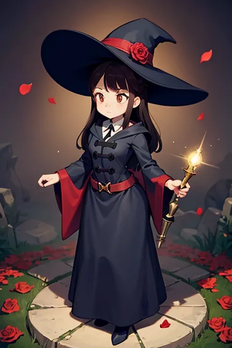 A black haired female witch with brown eyes with an hourglass figure in a conservative victorian dress is standing in a flurry of rose petals