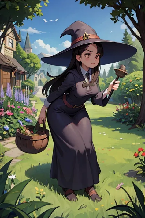 A black haired female witch with brown eyes with an hourglass figure in a conservative victorian dress is picking magical herbs in the garden