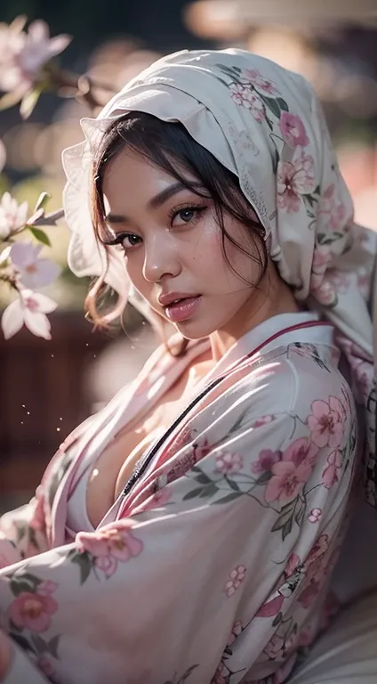 A photo of a young, nerdy malay woman in hijab (Photorealistic: 1.2, highest quality, 8K, Wet: 1.3), (Female, 20 years old, Malay in hijap, cherry blossom kimono, Sweat: 1.2, Wet: 1.2, Cleavage, Big breasts, Big ass: 1.3,, Smooth skin, (Film lighting), lyi...