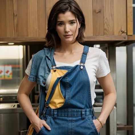 Cobie Smulders dressed in colorful overalls