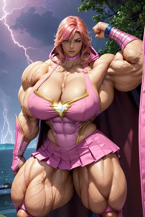 ((((Massive, tall, beautiful, buff, brown skinned muscular woman with shocking pink hair, ginormous bulky muscles and wearing a shocking pink Shazamsuit with pleated skirt and a hooded cape)))), close view, (((massive muscle))), massive biceps, hyper muscl...