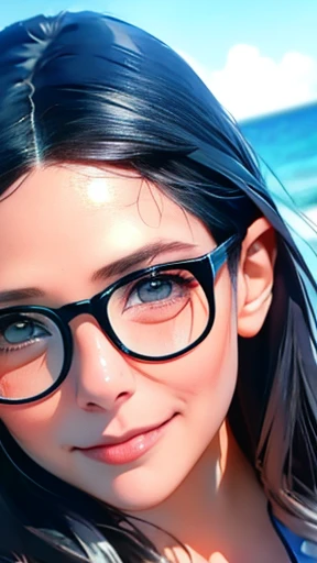 highest quality、realistic、Japanese、girl、zoom、look up、cute、gray eyes、glasses、long hair、black hair、all back、Forehead is coming out、Ocean、light blue one piece、joy、Grinning、face close up