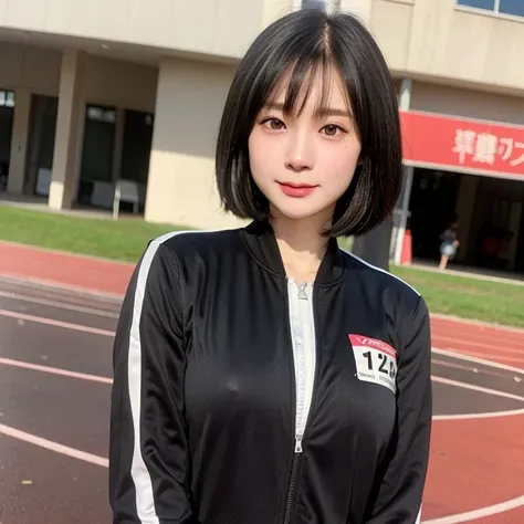 (kawaii 24 year-old Japanese girl, Nogizaka idol, Korean idol), healthy female athlete body, (glossy black hair, pixie cut, very short hair, messy hair, wavy hair:1.3), (bangs), (rounded face, single eyelid, no makeup, soft smiling:1.2), (wearing track jac...