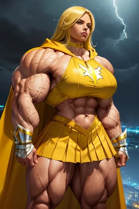 ((((Massive, tall, beautiful, buff, brown skinned muscular woman with yellow hair, ginormous bulky muscles and wearing a yellow Shazamsuit with pleated skirt and a hooded cape)))), close view, ((massive muscle)), massive biceps, hyper muscle shoulders, mas...