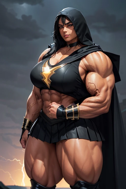 ((((Massive, tall, beautiful, buff, brown skinned muscular woman with jet black hair, ginormous bulky muscles and wearing a black Shazamsuit with pleated skirt and a hooded cape)))), close view, ((massive muscle)), massive biceps, hyper muscle shoulders, m...