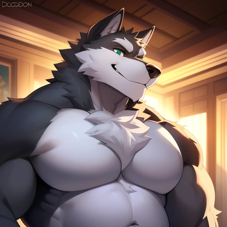 (solo, male:1.1, canine, wolf:1.1, werewolf, muscular, musclegut, mature male, older, happy, grey fur, teal eyes:1.1, body hair, full-body:1.1, by doooo2424, by physen, by juggermelon), (best quality:1.2, 4k, 8k, highres, masterpiece:1.2), ultra-detailed, ...