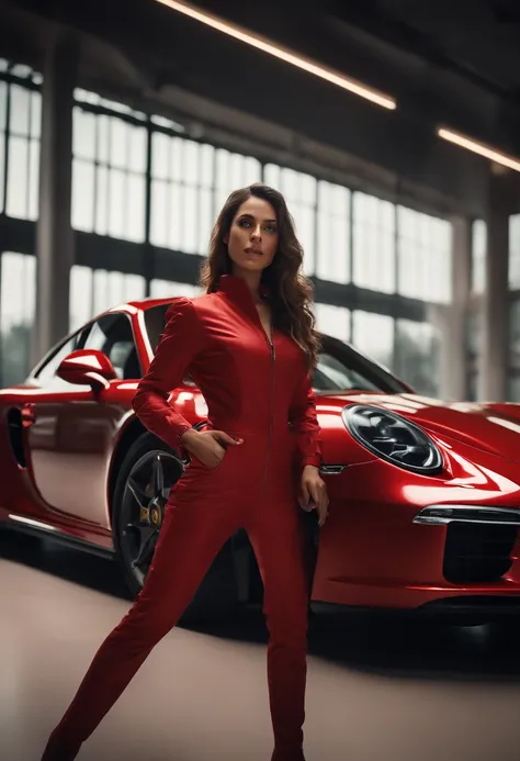 .(Futuristic spanish young woman, in a red Porsche suit) by gesaffelstein, action pose, epic scene, lots of fine detail, movie style, photography, natural textures, natural light, natural blur, photorealism, cinematic rendering, ray tracing, highest qualit...