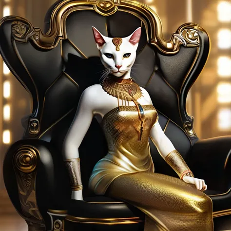 Close-up of a cat wearing a gold dress and sitting on a chair, by Kelenbeit, anthropomorphic female cat, Egyptian cat goddess, god of cats, Graphic artist Magali Villeneuve, persian queen, Bed, Cat Warrior, Otakar Kubin, Tabaxi Priest, anthropomorphic cat,...