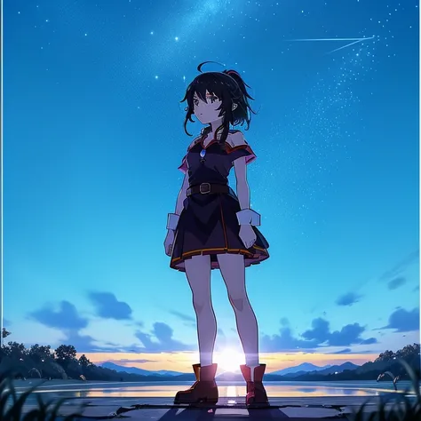 a woman looks up at the stars in the sky, megumin, megumin from konosuba, attractive matoi ryuko, nighttime!!, bakemonogatari, ryuko matoi, screenshot from the anime film, on a clear night sky, boogiepop phantom, konosuba, stars in her gazing eyes