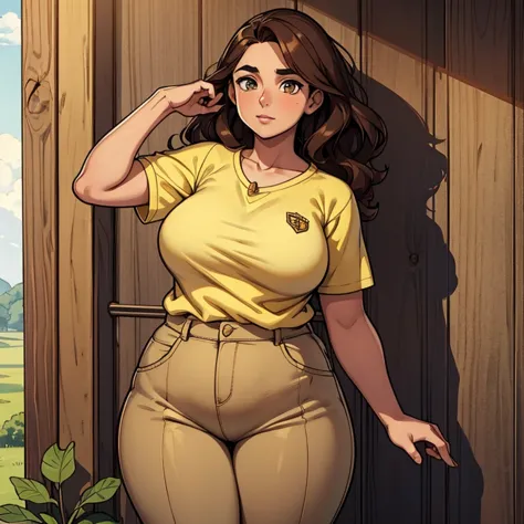 a girl who has honey-colored eyes and short, neck-length, wavy dark brown hair..... he has a somewhat chubby physique, brown ski...