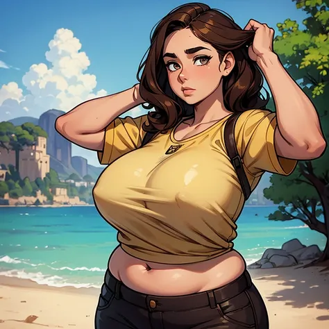 A girl who has honey-colored eyes and short, neck-length, wavy dark brown hair..... He has a somewhat chubby physique, brown skin.. Cara redonda, rasgos tiernos y amables. Lleva una camisa y unos pantalones cortos. bosquejo. sombreado. Encendiendo. Cuerpo ...