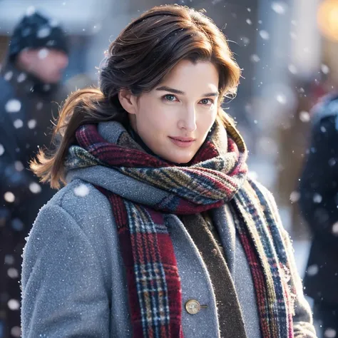 Cobie Smulders in the snow dressed in a coat and scarf