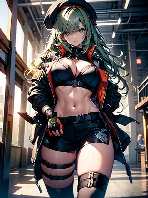 ubel,dark green hair,long hair,side ponytail,hair between eyes,bangs, BREAK (beret, black jacket, open clothes, cleavage, midriff, black shorts, black thighhighs, thigh strap, fingerless gloves, single glove:1.2) BREAK blurry background, BREAK pose, hand o...