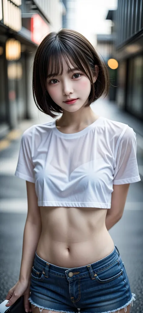 heavy rain, line drawing, looking at camera, naked body, A wet T-shirt with a transparent chest and a low-rise denim miniskirt., I can see your stomach, Pubis visible, kiss face, idol face, handsome face, blur the background, bob cut, huge , 14 years old, ...