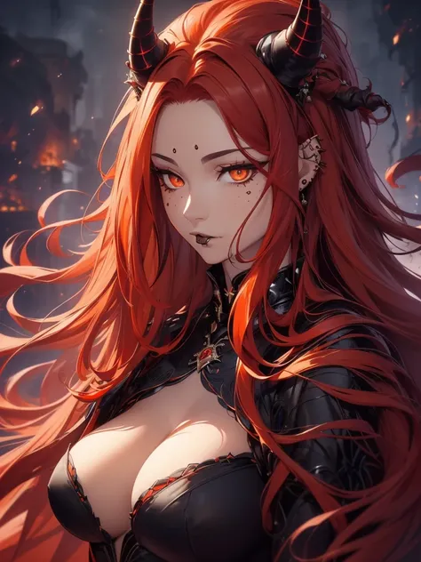 (best quality,4k,highres,masterpiece:1.2),ultra-detailed,realistic:1.37, portraits, (((long flowing red hair))), beautifully fair skin, black outfit, (((piercing orange eyes))), sensual pose, ((subtle black spots, mysterious aura, monochromatic colors)), m...