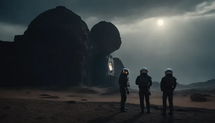 (cinematic, high resolution, 4K), evocative image of three astronauts observing the entrance to a ruined structure with alien statues on an extraterrestrial planet. Dark and dark scene, feeling of mystery, focus on the subjects, photorealistic