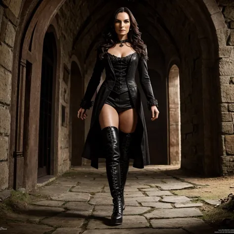 Famke Janssen, film Hansel and Gretel Witch Hunt, 30 years old, gothic streampunk style, pose dancing, shoes boots, ultra detailed face, hyperrealistic, realistic representation