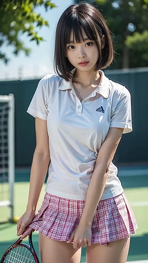 1 girl, alone, white polo shirt, white sneakers, Pink tennis wear: 1.3, white mini skirt, masterpiece, highest quality, realistic, hyper detail, (Glossy skin: 1.4), disorganized, camera&#39;s line of sight, short black hair, brown eyes, thin, dynamic light...