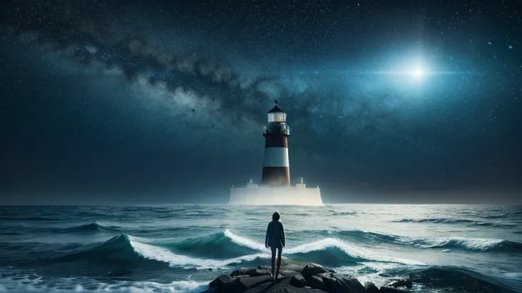 ### English Prompt
A thumbnail design featuring a lighthouse and the guiding light of stars as navigators for the eternal spirit. A small ship sailing the dark seas is depicted at the center, with the twinkling stars above and the distant light of a lighth...