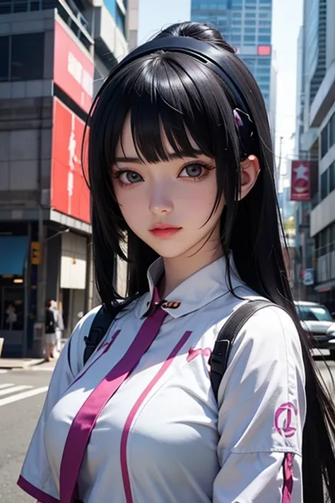 anime girl with dress and headband in front of a building, digital arte de anime cyberpunk, cyberpunk digital - arte de anime, a...