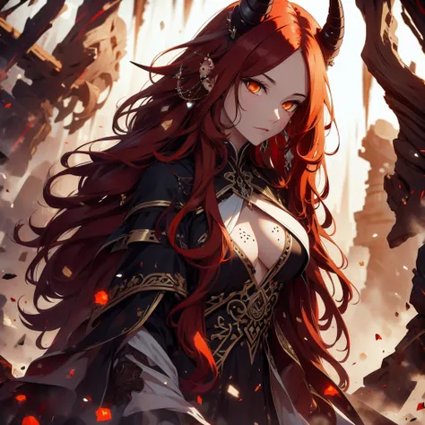 (best quality,4k,highres,masterpiece:1.2),ultra-detailed,realistic:1.37, portraits, (((long flowing red hair))), beautifully fair skin, black outfit, (((piercing orange eyes))), sensual pose, ((subtle black spots, mysterious aura, monochromatic colors)), m...