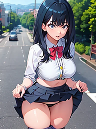 1girl, breasts, tight shirt, croptop, crop top, perfect quality, good quality, masterpiece, HDR, UHD,view from above, street, public, ahegao, short skirt, skirt lift, lifting skirt, rikka takarada, teasing, panty pull, pulling panties, panties