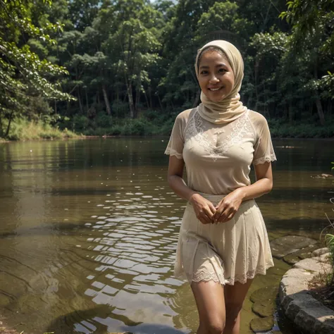 A 52 years old Indonesian woman in cream color hijab, wearing cream color lace tight t-shirt, wearing very short see-through cream color lace skirt, skirtlift, villager, poor woman, darker skin, curvier body, short body, smiling and standing by a lake in a...