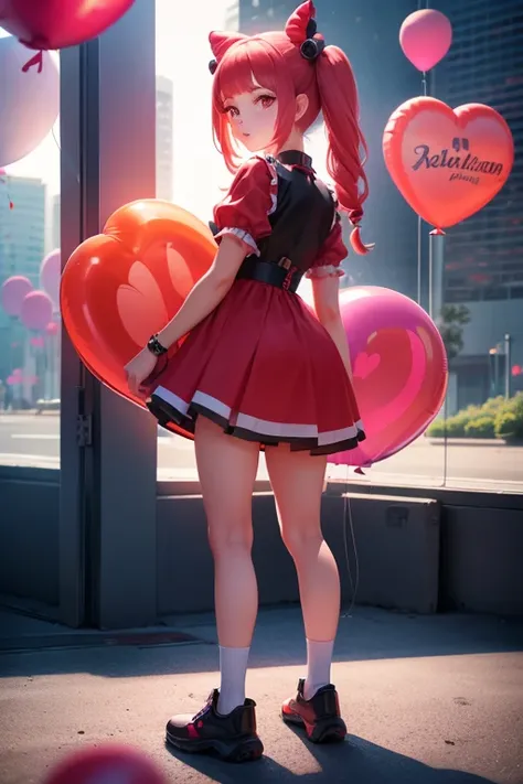 a 11 years old girl, ((having a lot of balloons)) , real photo, (((full body))), (looking back at me), twin tails, (red epron dress), cyberpunk , ((sunlight))