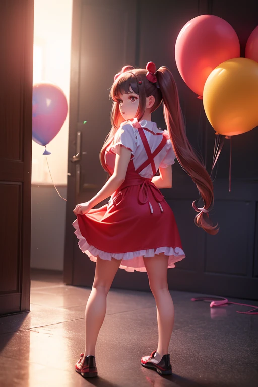 a 11 years old girl, ((having a lot of balloons)) , real photo, (((full body))), (looking back at me), twin tails, (red apron dress), cyberpunk , ((sunlight))